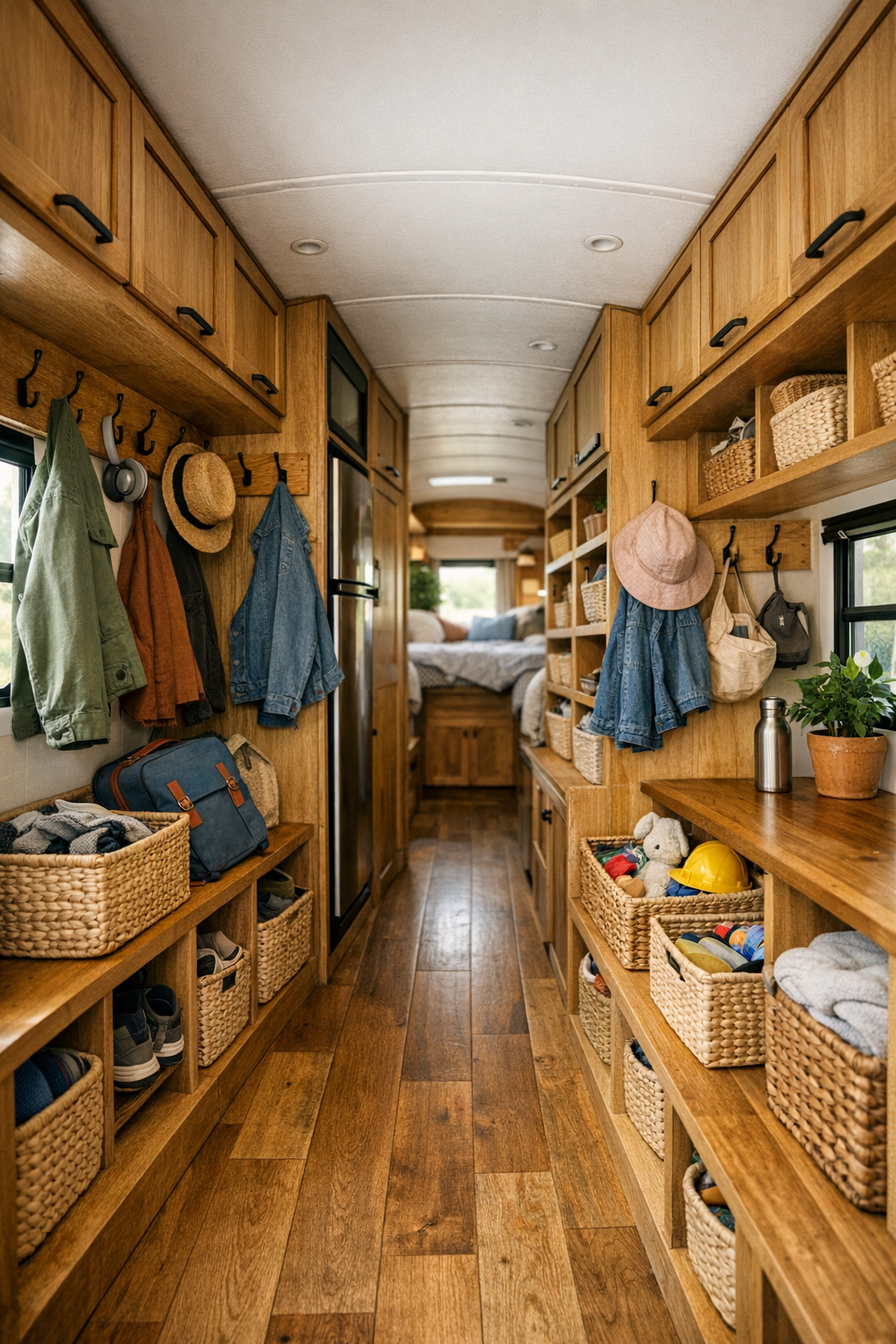 Functional bus hallway and built-in storage area with hooks, cubbies, and warm wood detailing