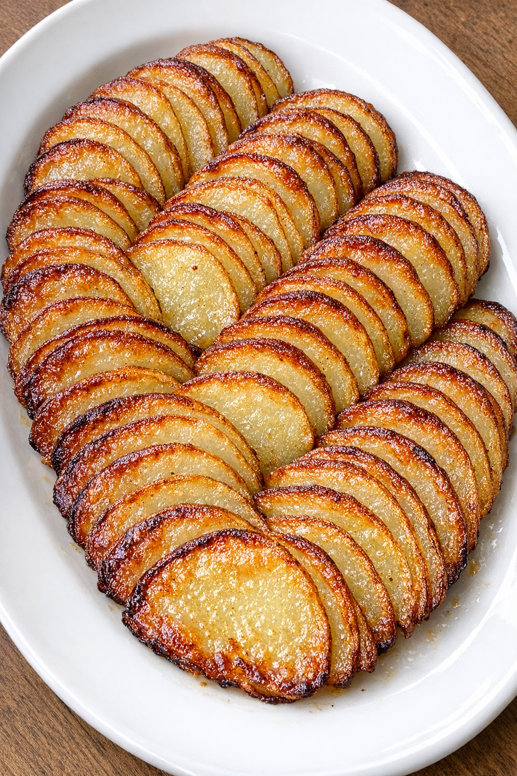 Golden buttery potato shingle fans on a white oval platter