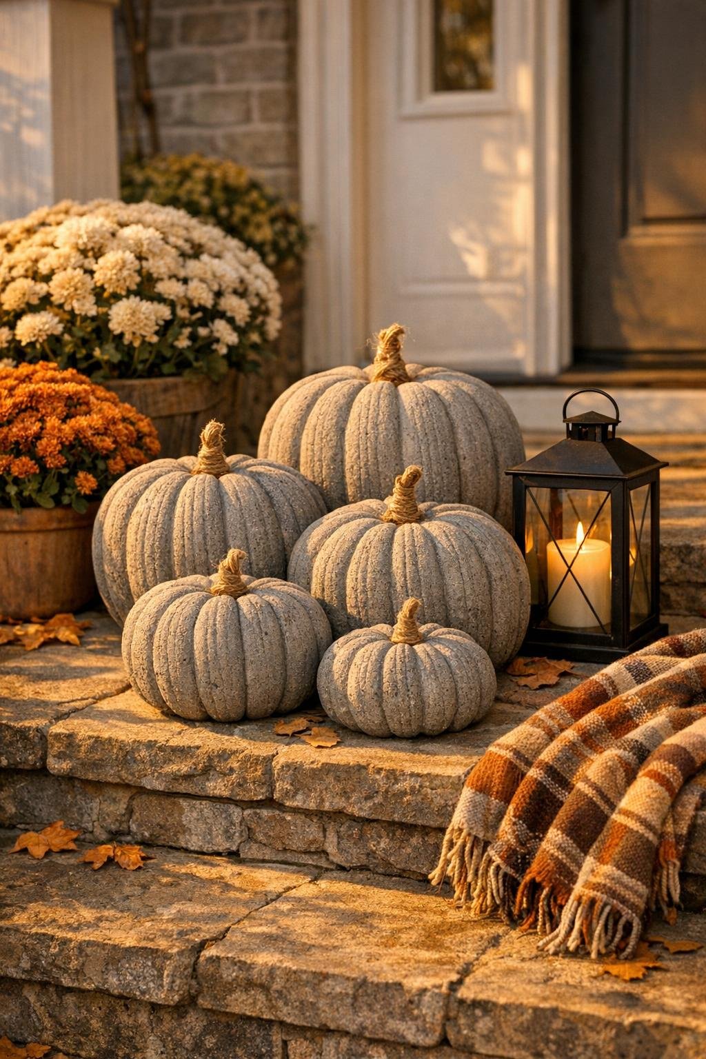 Finished ribbed concrete pumpkins displayed on a front porch