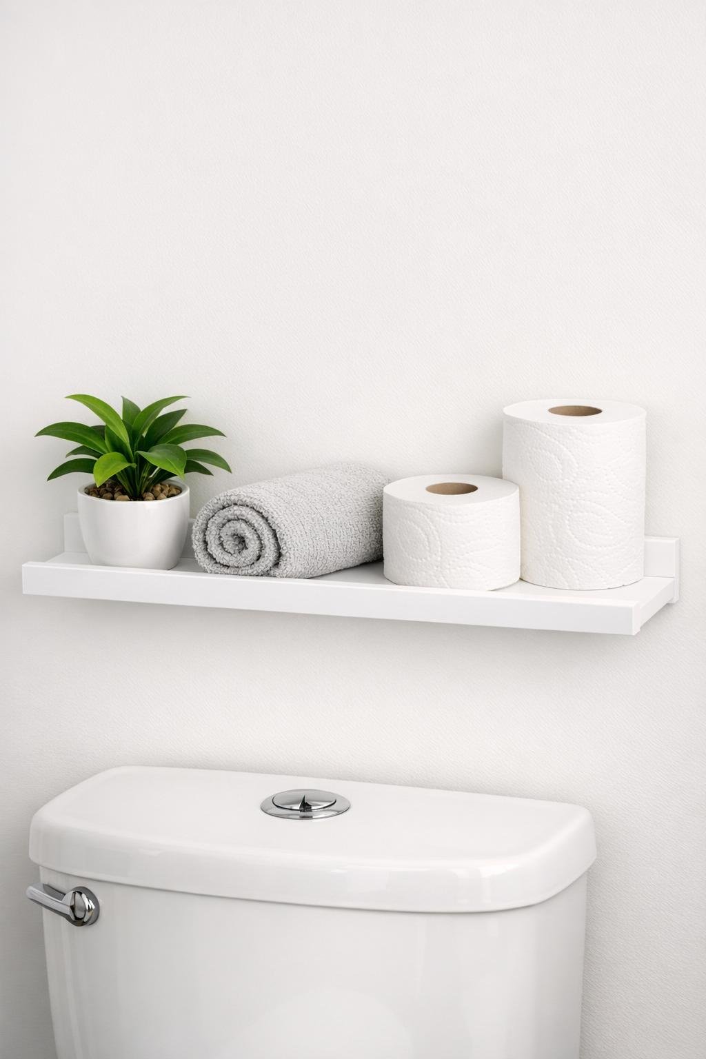 Finished narrow white bathroom shelf mounted above a toilet