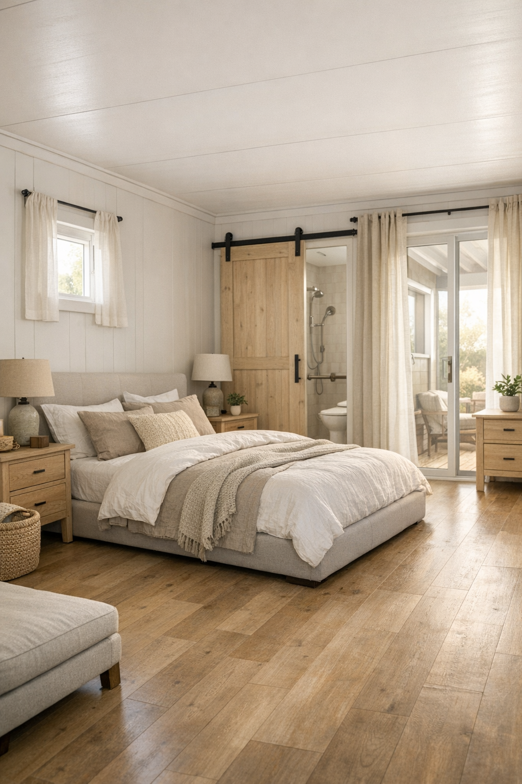 Calm bedroom with upholstered bed, warm neutral bedding, and accessible open floor space