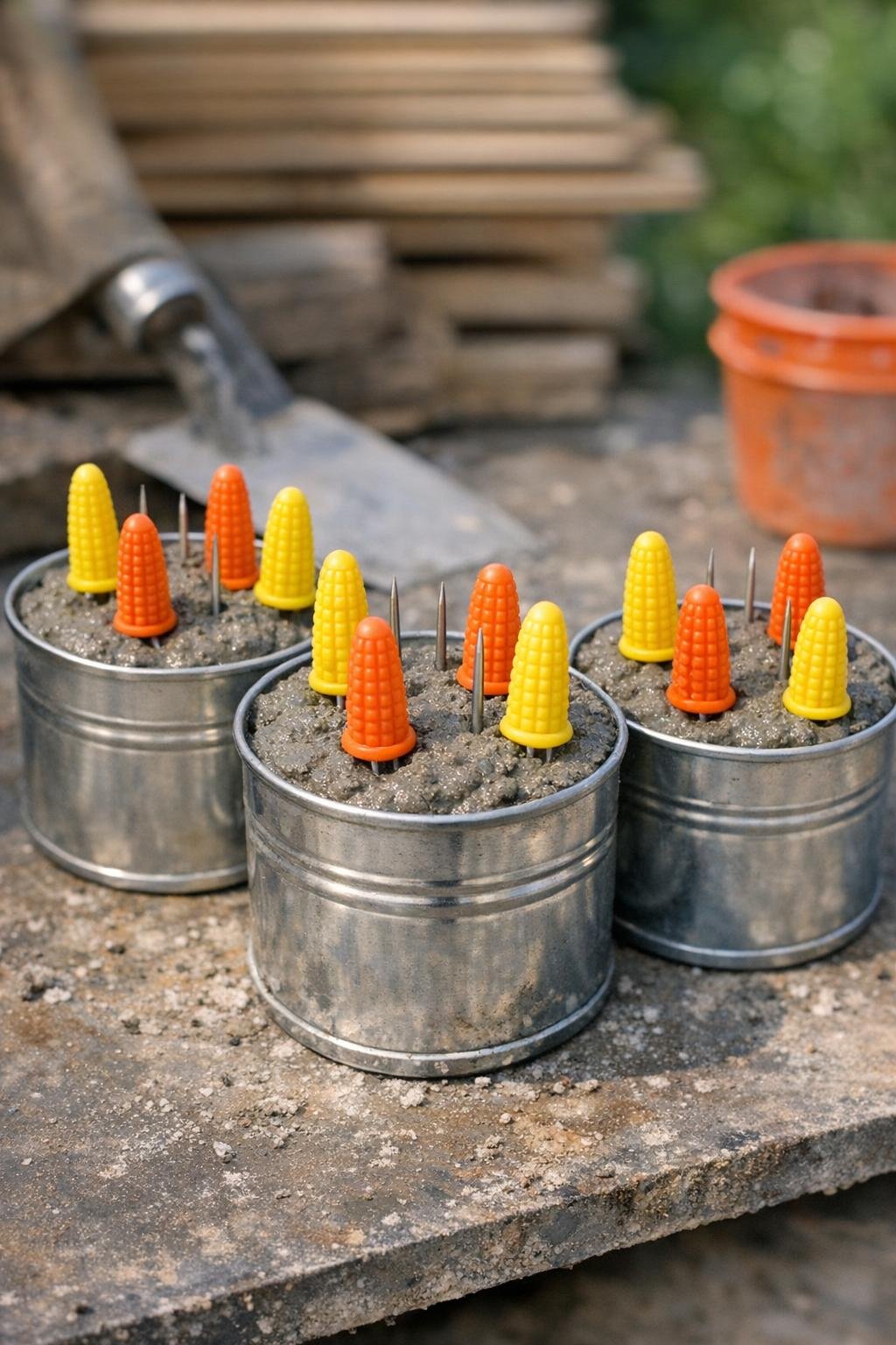 Plastic corn cob holders pressed into wet cement in cans