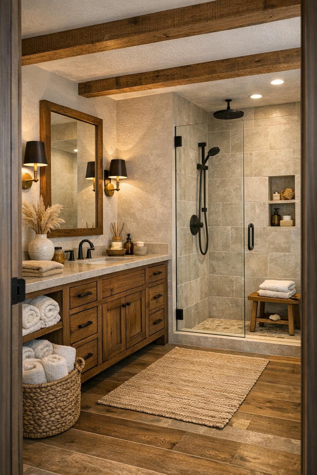 Refined rustic bathroom with wood vanity, stone counter, and walk-in shower
