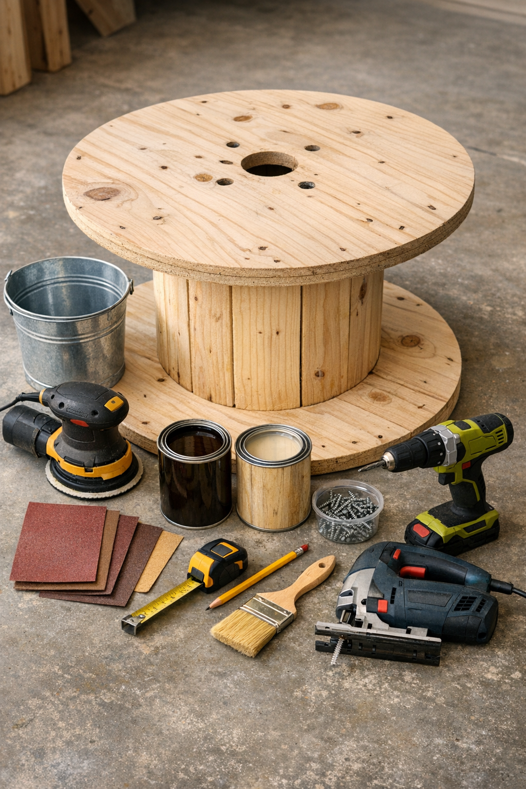 Wooden spool, galvanized bucket, sandpaper, stain, sealant, screws, and tools laid out for the project