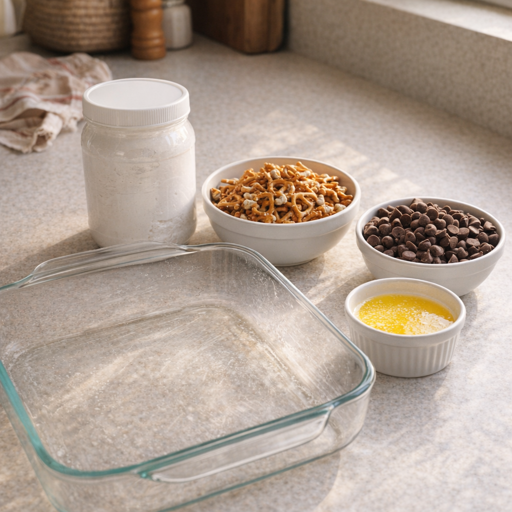 Simple ingredients for marshmallow fluff dessert arranged on a kitchen counter