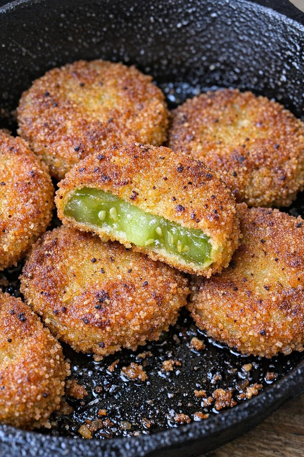 Crispy fried green tomato slices in a cast iron skillet