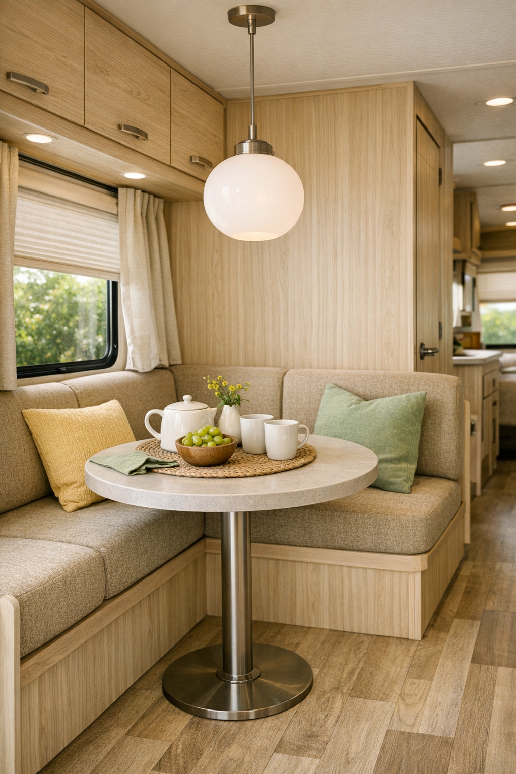 Cozy RV dining nook with flax banquette, round pedestal table, and soft pendant light