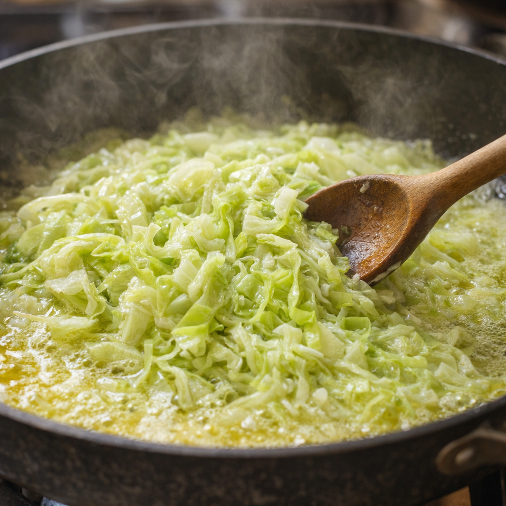Shredded cabbage cooking in melted butter