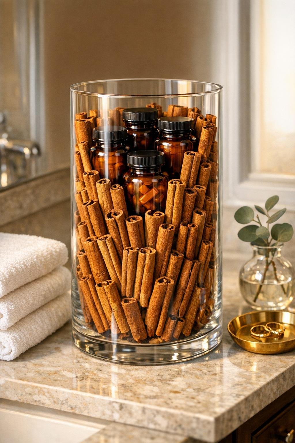 Finished amber bottle and cinnamon stick apothecary jar displayed in a bathroom
