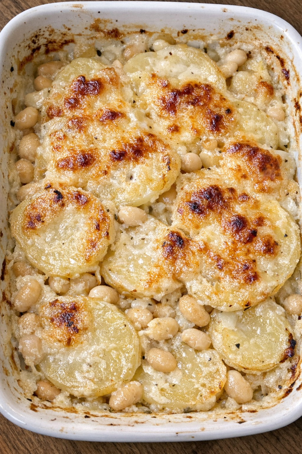 Creamy navy bean and potato casserole in a white dish