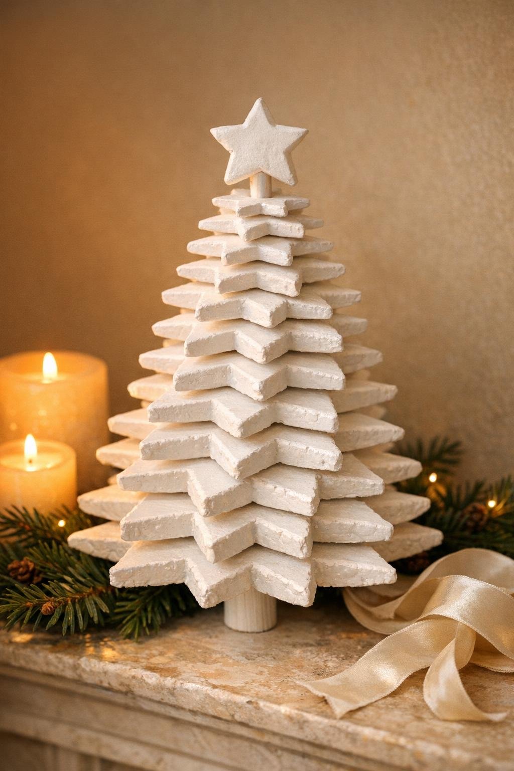 Finished stacked porcelain star tree displayed on a holiday table