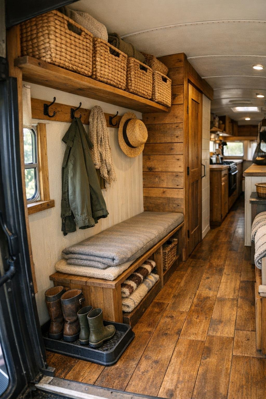 Converted bus entry and hallway with storage bench, wall hooks, wood planks, and rustic details