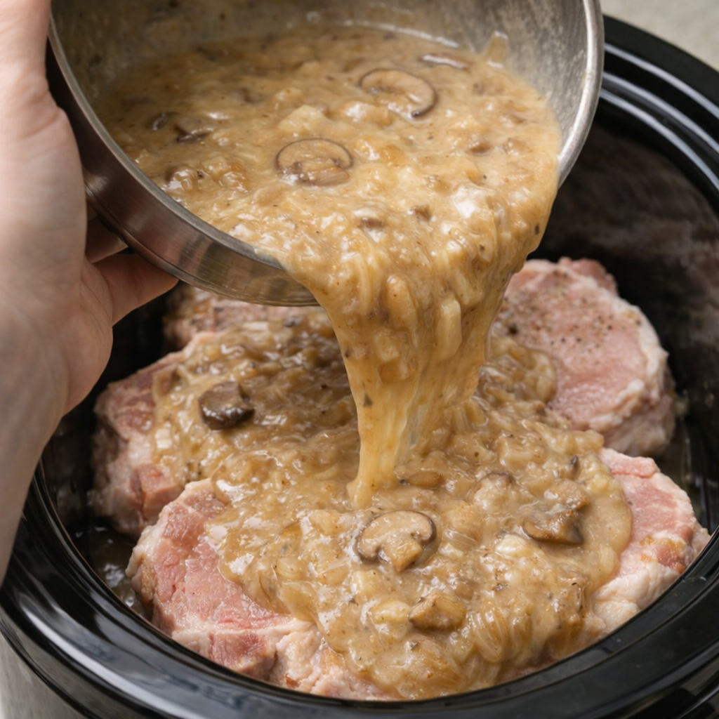 Creamy onion sauce being poured over pork chops in the slow cooker