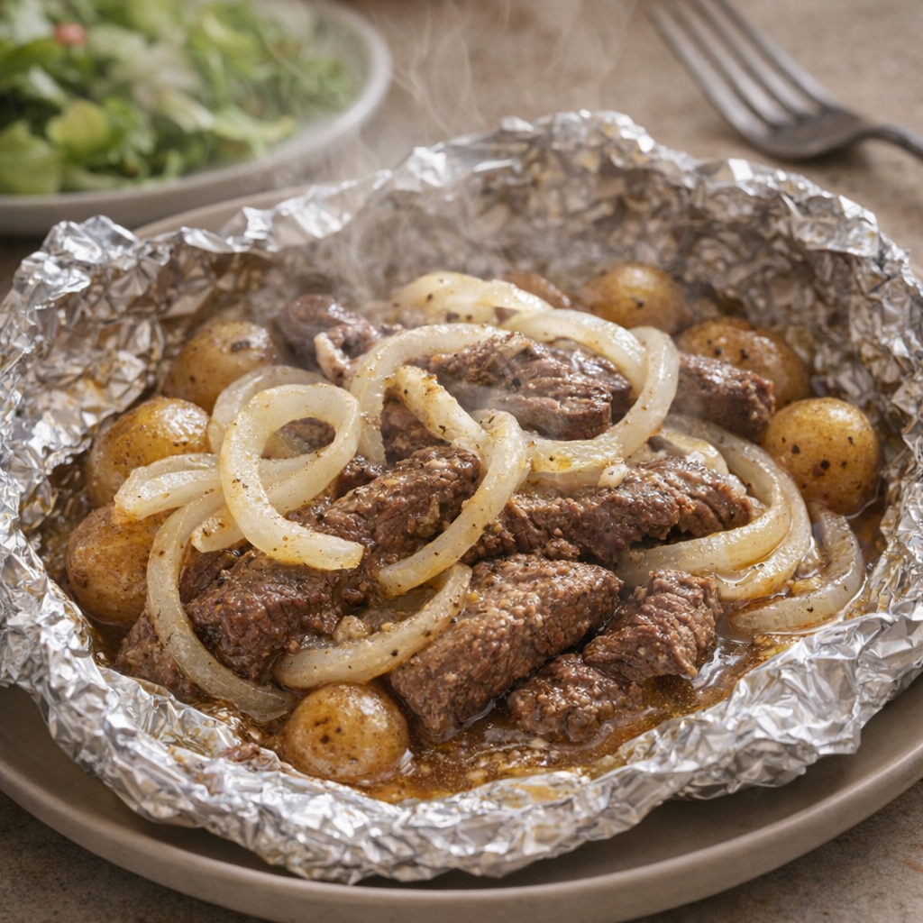 Cooked beef and onion foil packet opened on a plate