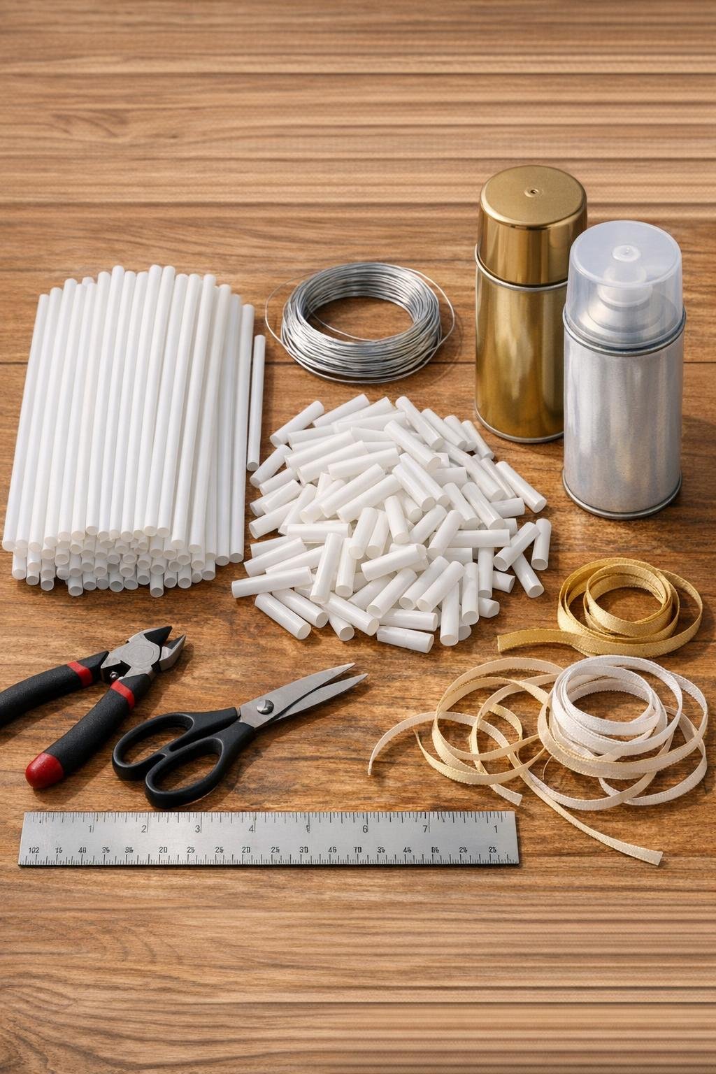 Materials for geometric straw ornaments laid out on a table