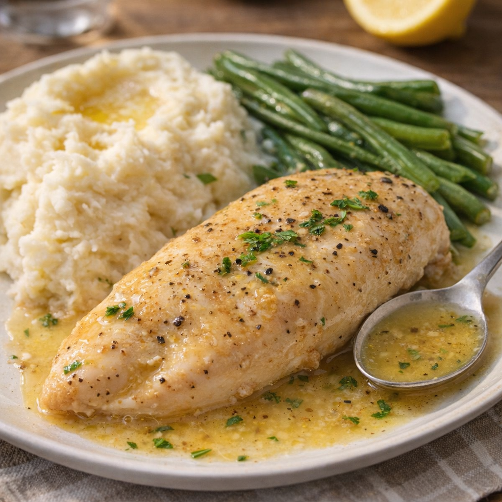 Baked lemon chicken plated with pan juices and a simple side