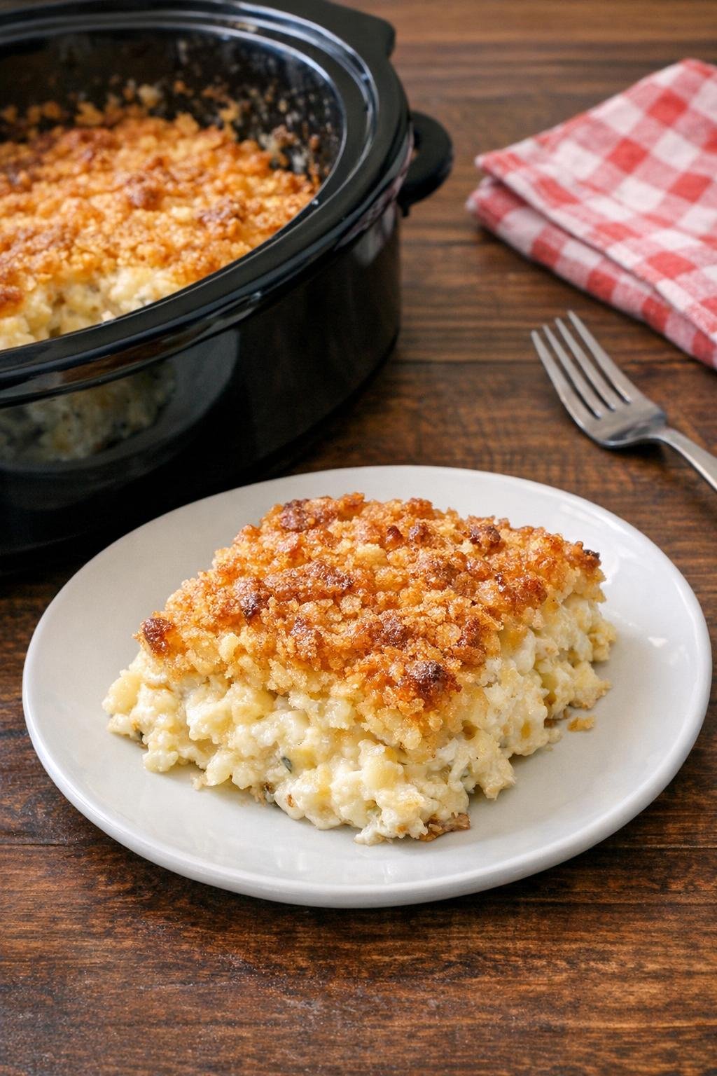 Finished plated hash brown casserole with crispy golden top