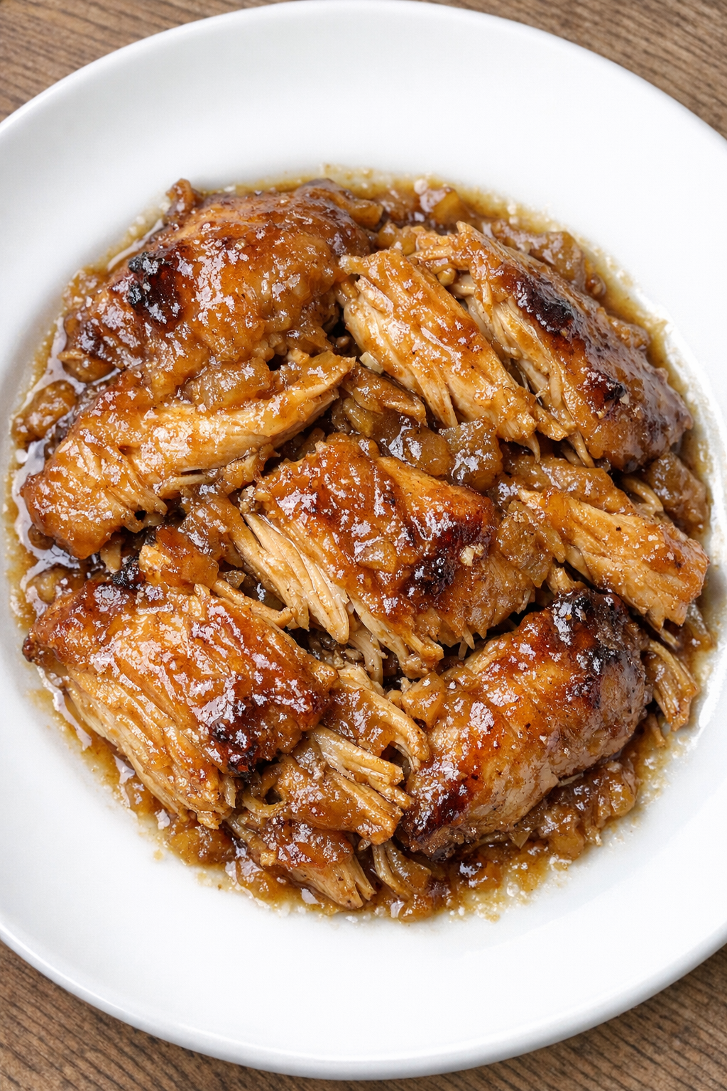 Slow cooker Amish applesauce chicken plated on a white ceramic plate