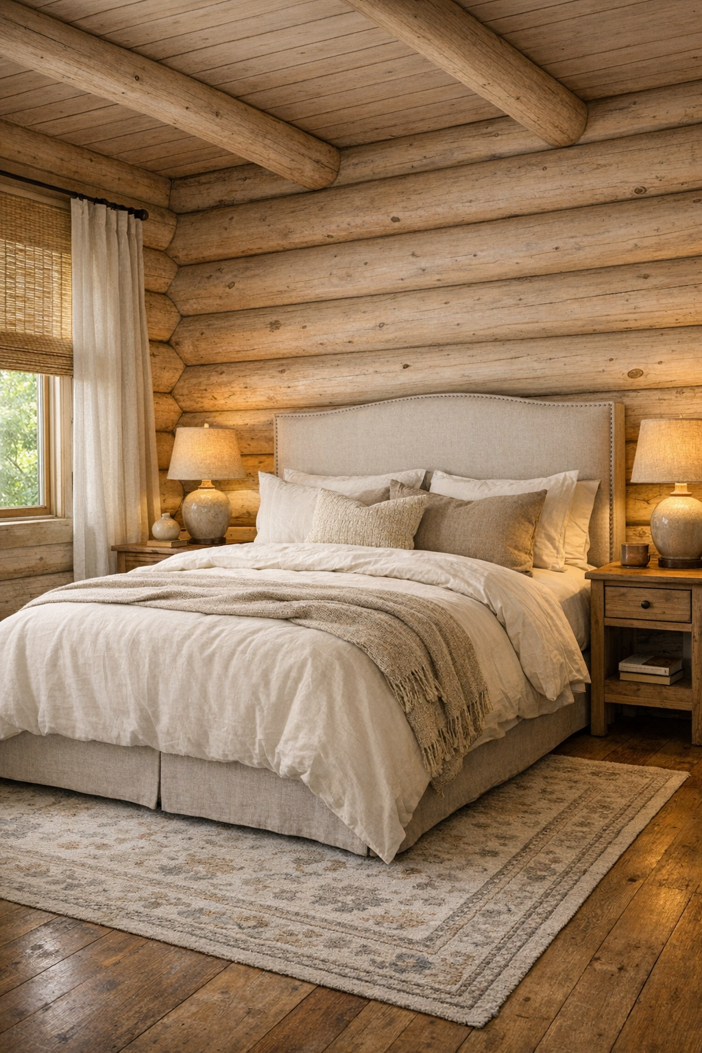 Peaceful log home bedroom with layered linens and soft natural light