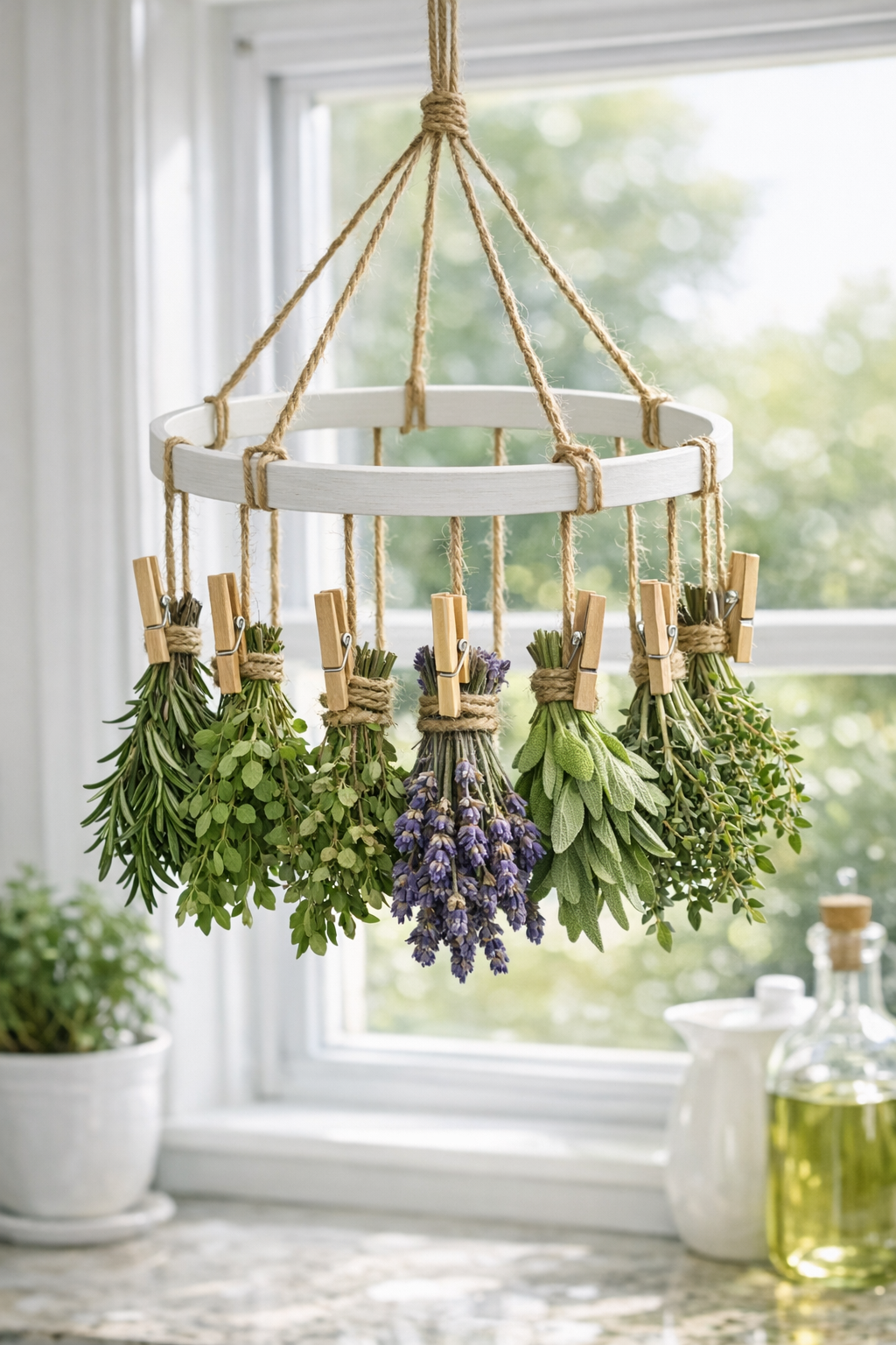 Finished painted embroidery hoop herb drying rack hanging in a kitchen window
