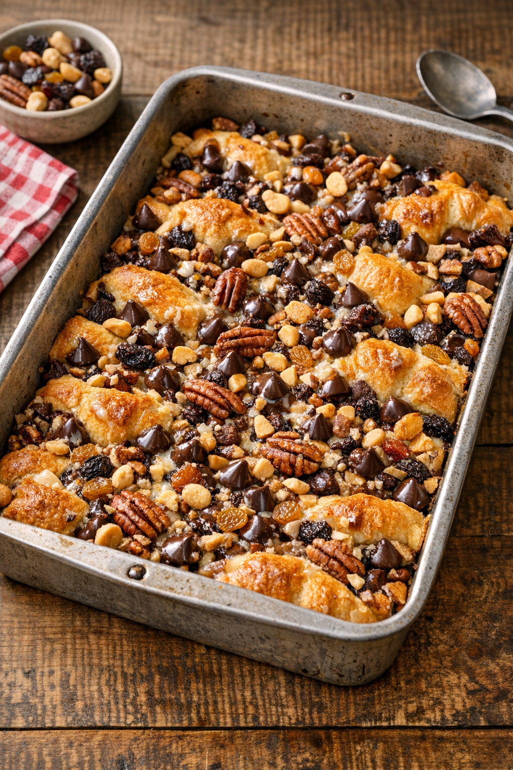 Baked trail mix crescent dessert in a roasting pan