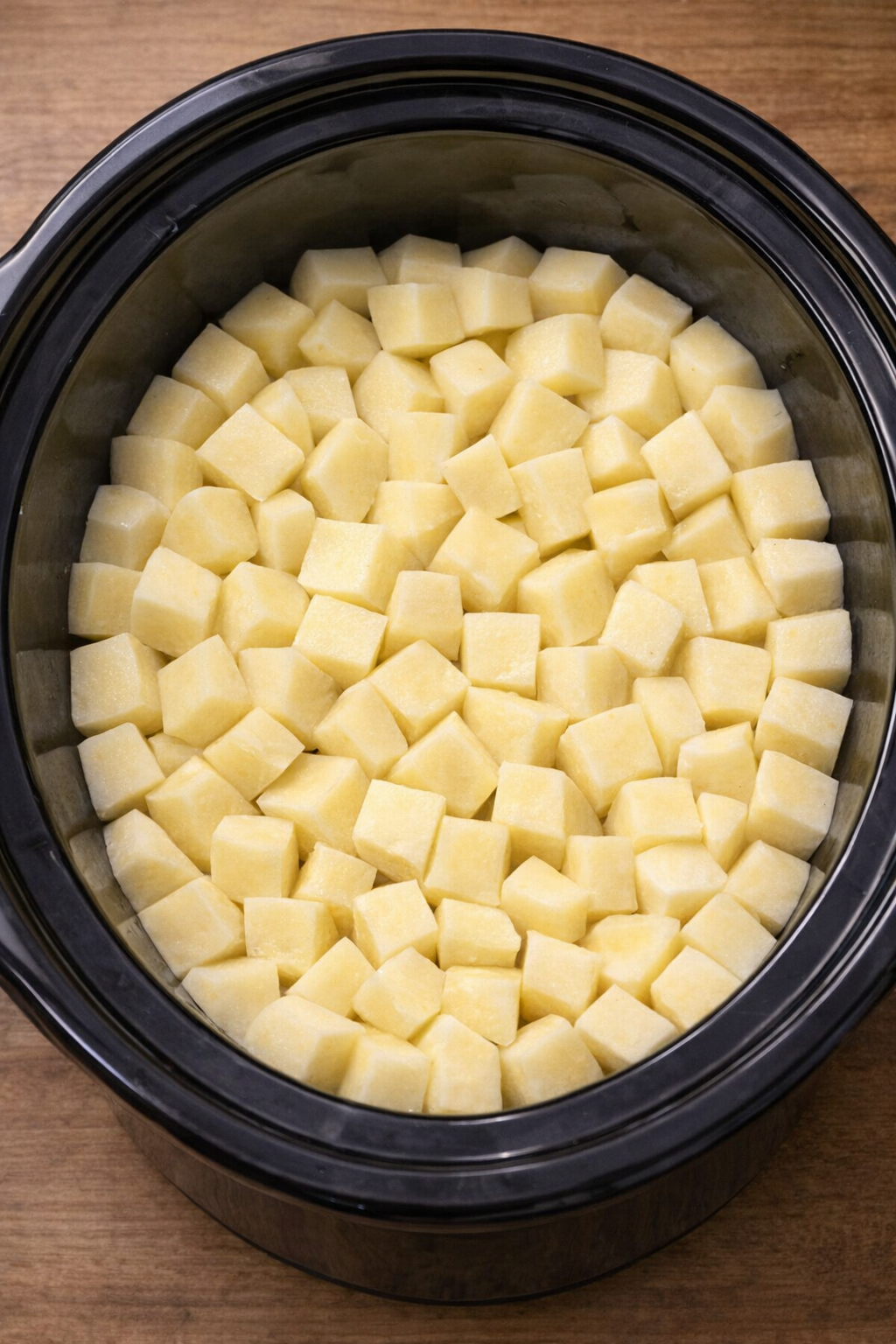 Chunked potatoes arranged in a slow cooker