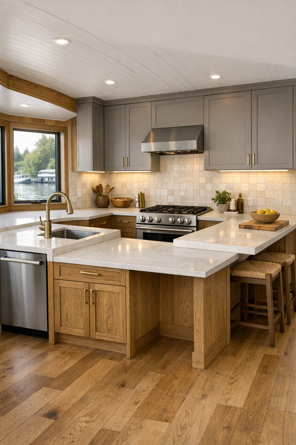 Warm craftsman kitchen with mushroom-toned cabinets, oak details, and an accessible island