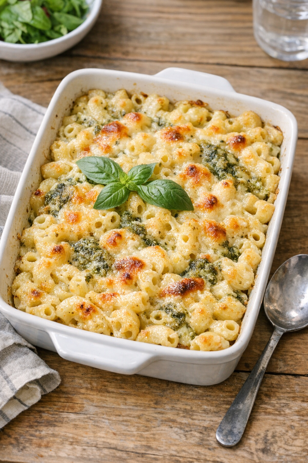 Finished baked pesto cream macaroni in a casserole dish