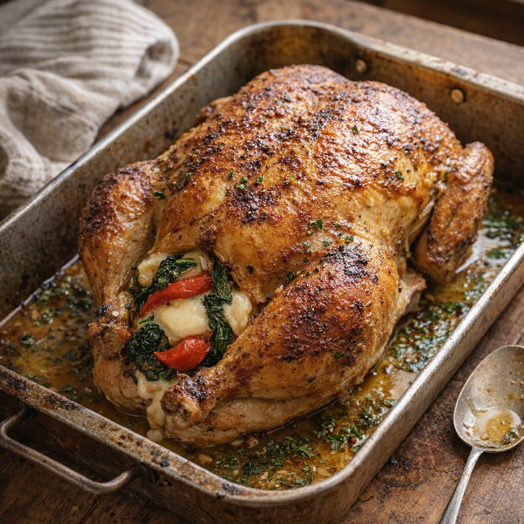 Whole roasted stuffed chicken on a rustic dinner table
