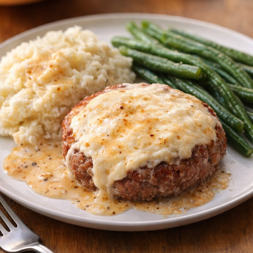 Plated baked beef patty with mashed potatoes and green beans