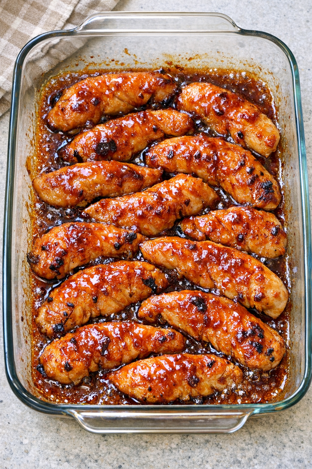Finished baked chicken tenderloins in a glass baking dish