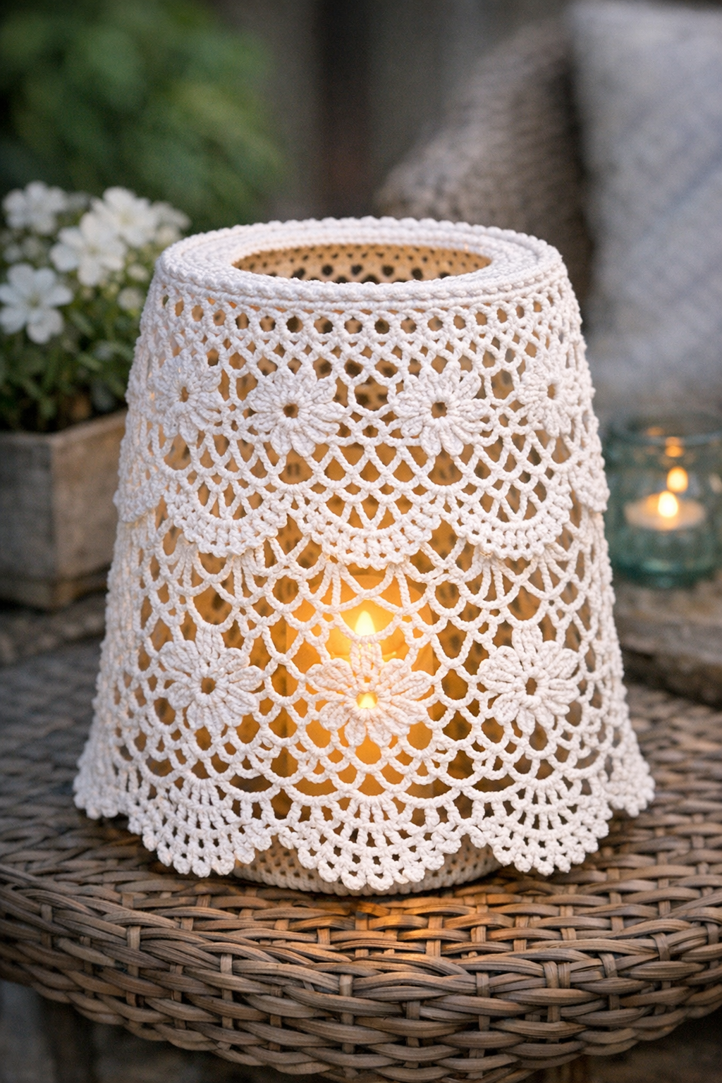 Finished crochet lantern cover made from an upside-down wire mesh trash can