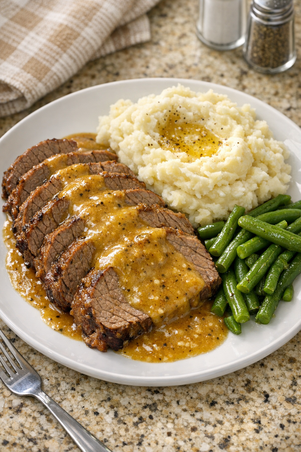 Finished Amish mustard beef roast sliced and plated with gravy