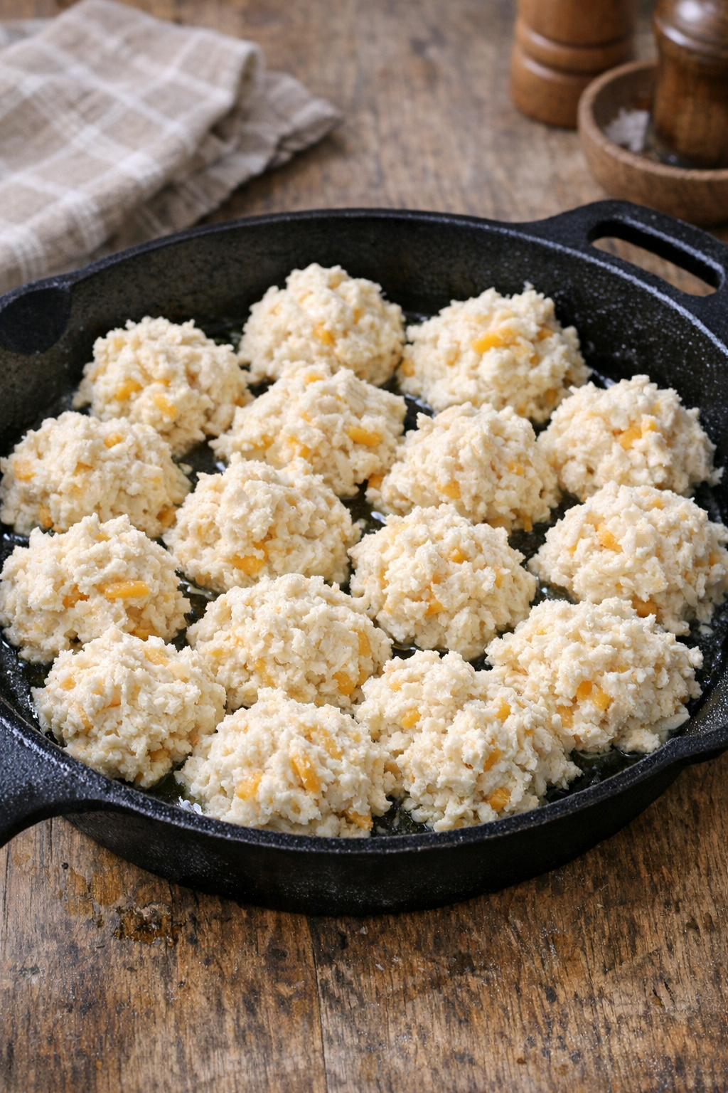 Spoonfuls of cheddar biscuit dough portioned into a cast iron skillet