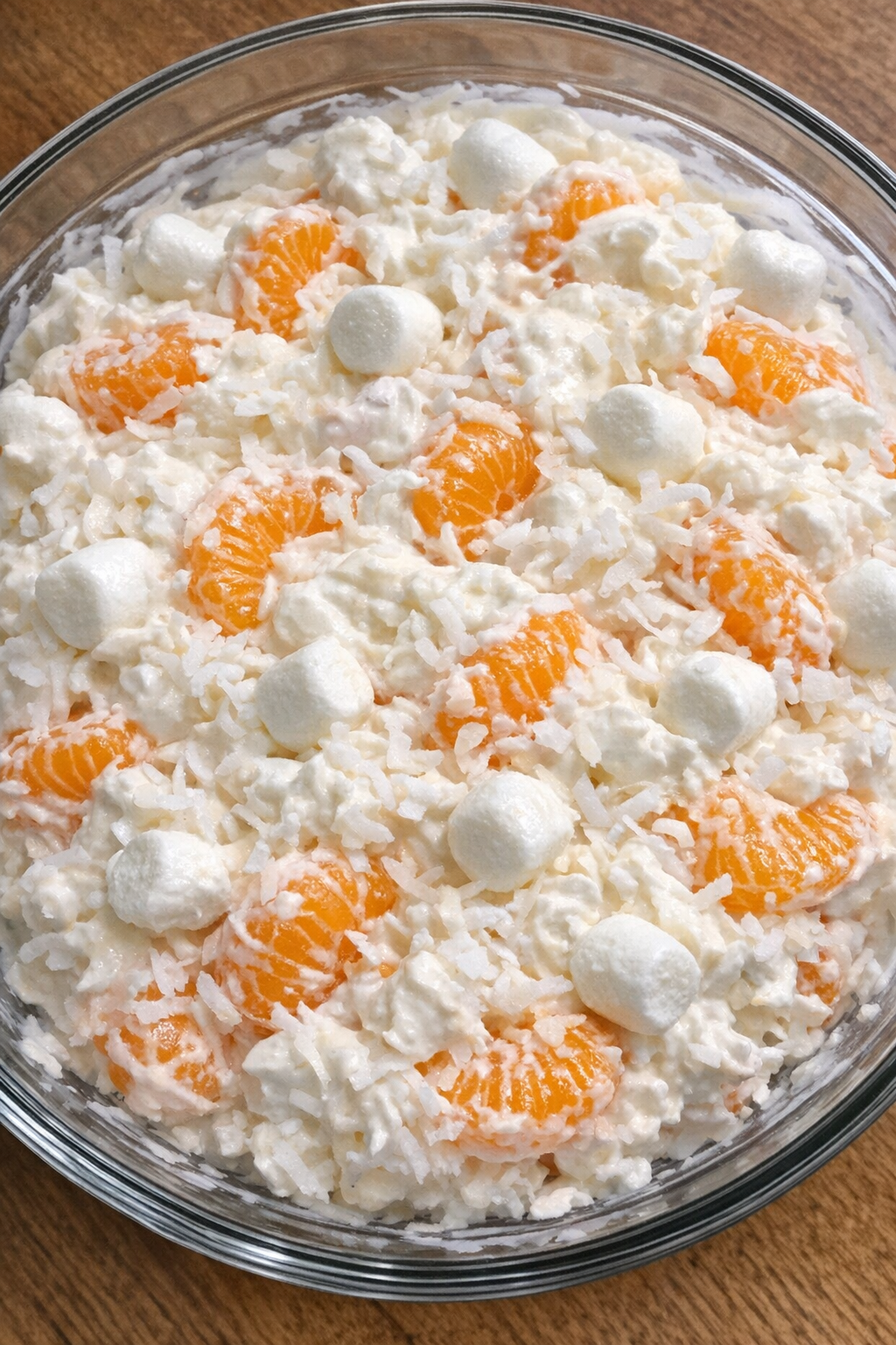 Finished ambrosia salad in a clear glass bowl