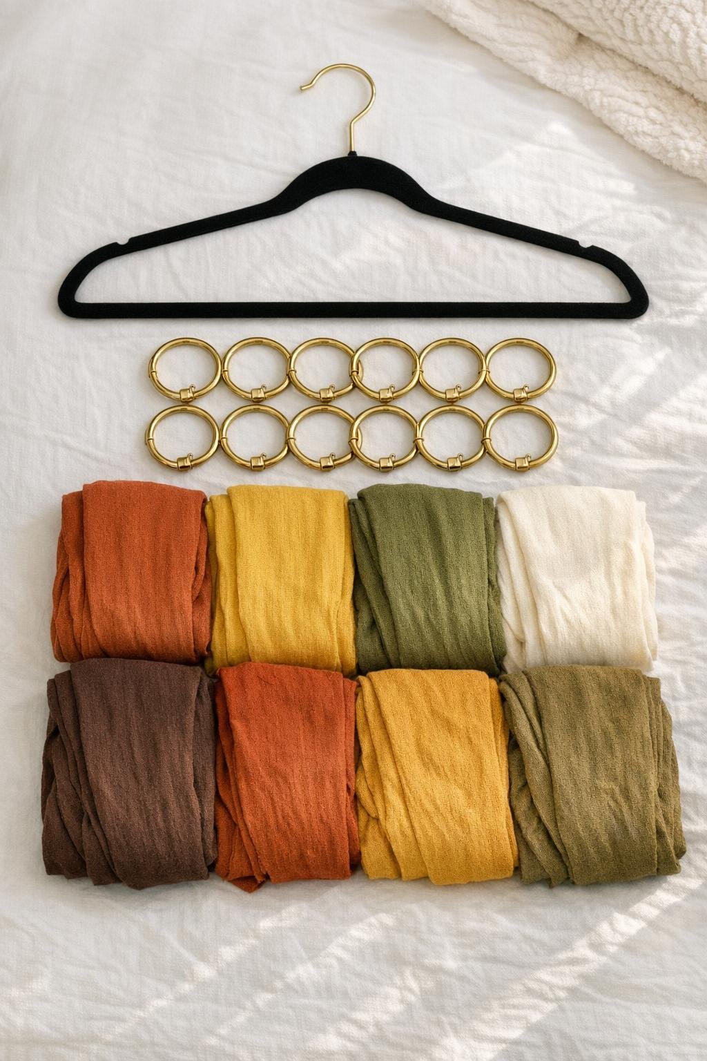 Materials for making a scarf organizer laid out together