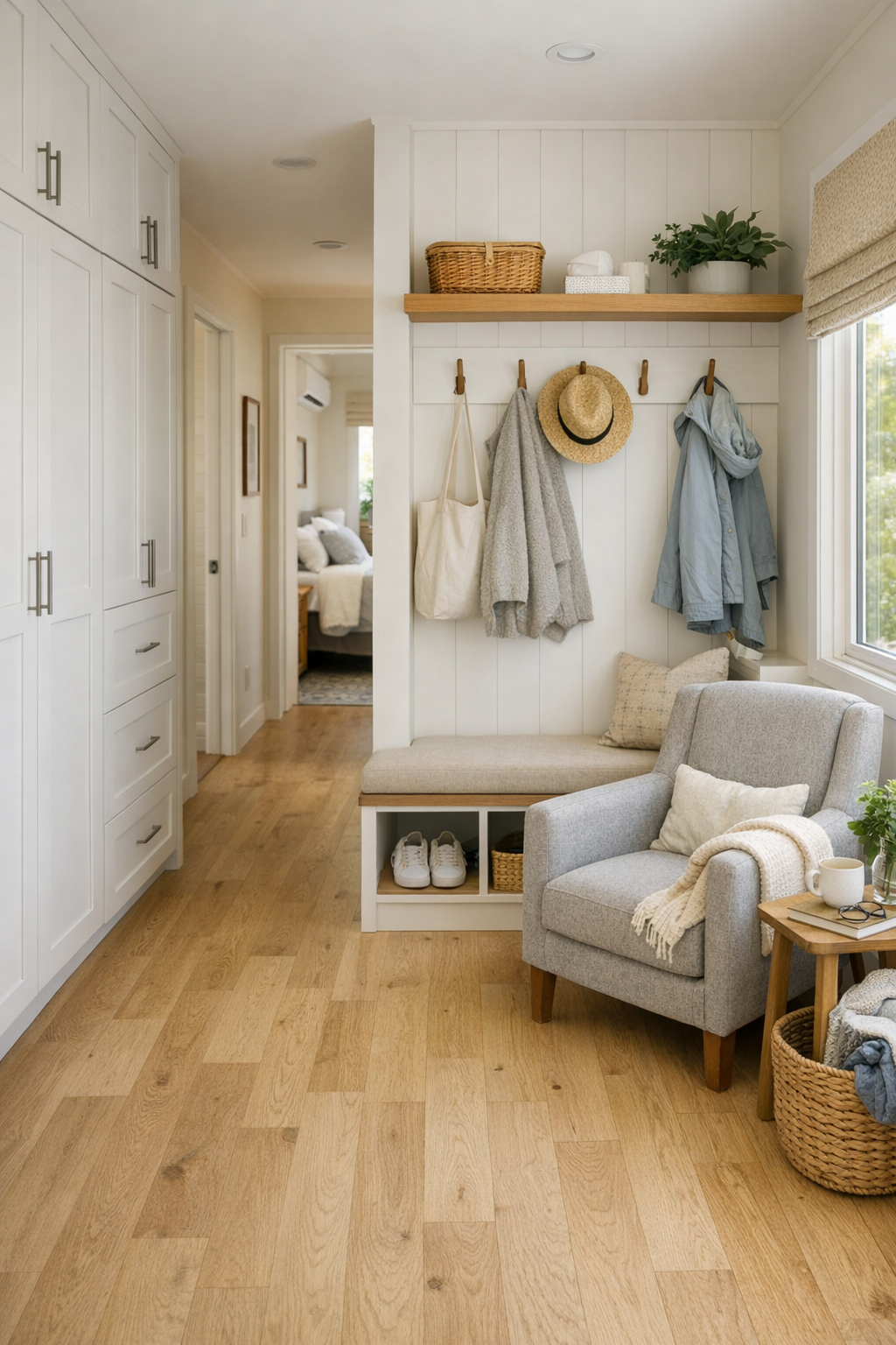 Organized hallway and multipurpose nook with built-in storage