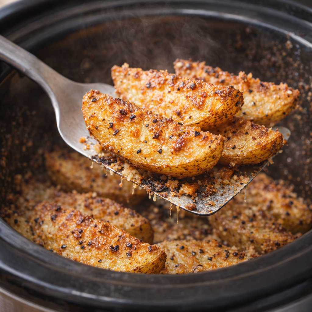 Crispy Parmesan potato wedges being lifted from the slow cooker with a spatula