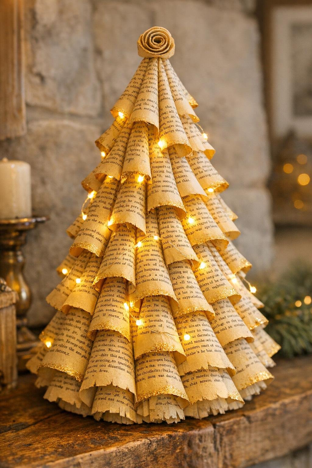 Finished farmhouse paper cone tree made from yellowed book pages