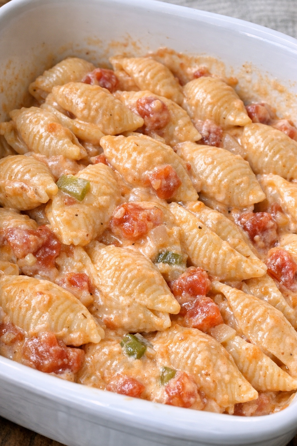 Creamy salsa pasta shells in a white casserole dish