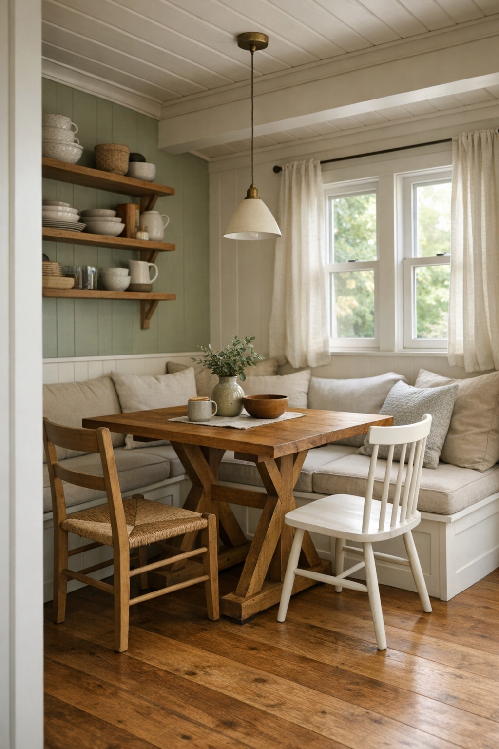 Tiny home dining nook with built-in banquette, trestle table, and soft cream and wood finishes
