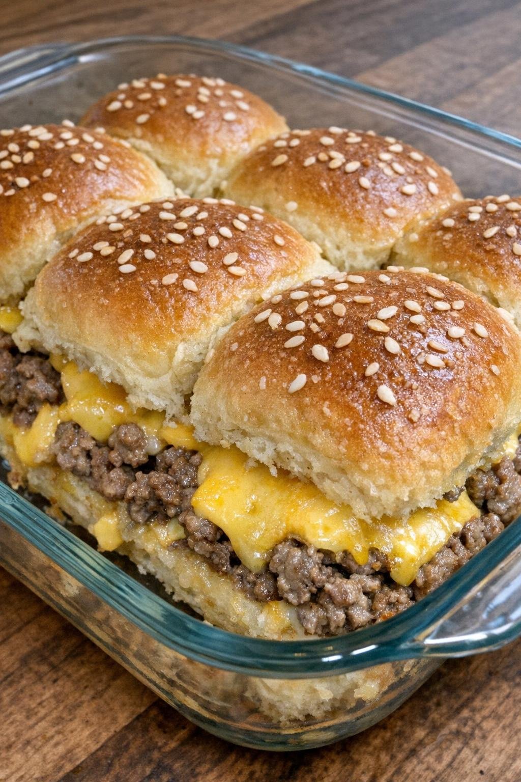 Close-up of baked beef cheeseburger sliders