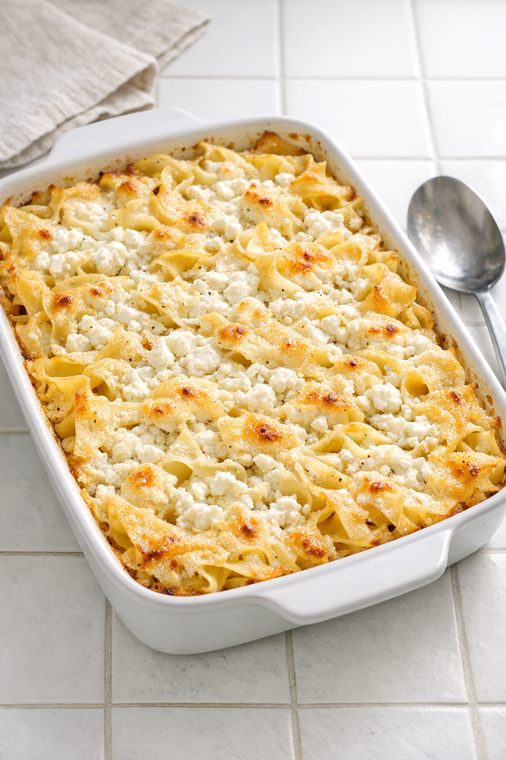 Finished Amish cottage cheese noodle bake in a ceramic casserole dish