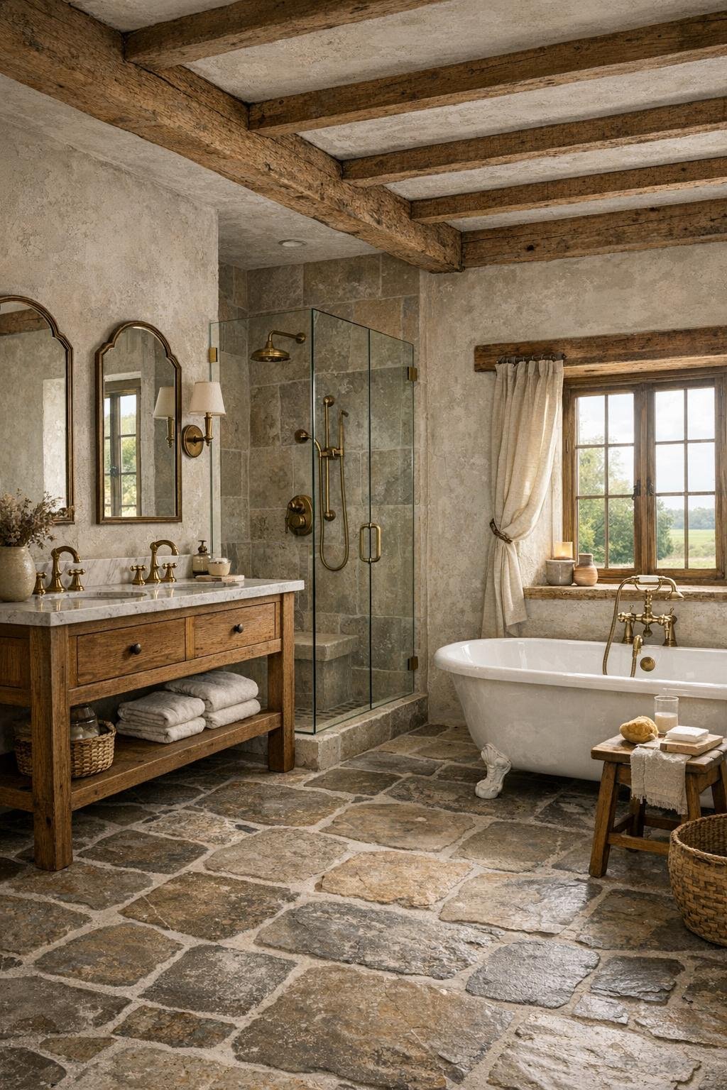Bathroom with stone floors, plaster walls, oak vanity, brass fixtures, and a freestanding tub