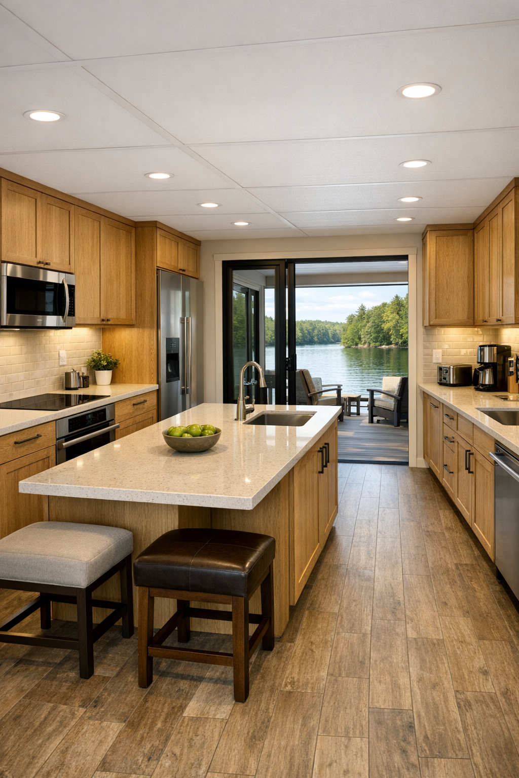 Accessible kitchen with oak cabinetry, quartz counters, and clear open circulation
