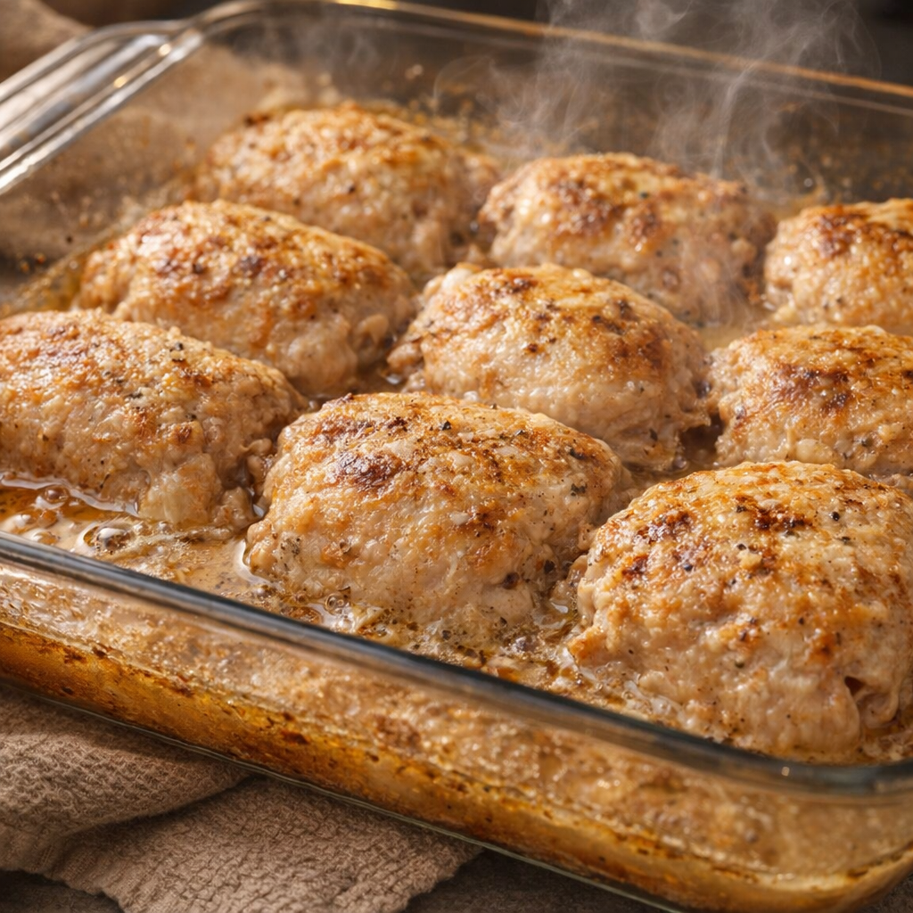 Freshly baked chicken thighs bubbling in the dish