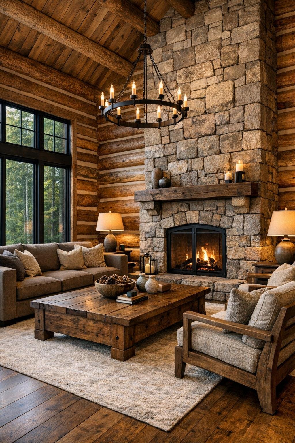 Bright rustic-modern living room with log walls, stone fireplace, and soft neutral seating