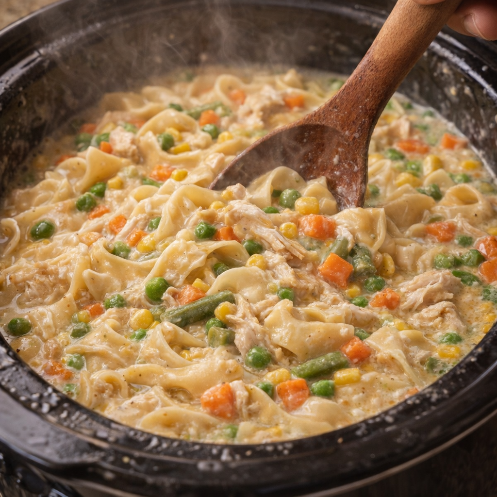 Shredded chicken and egg noodles stirred into creamy broth