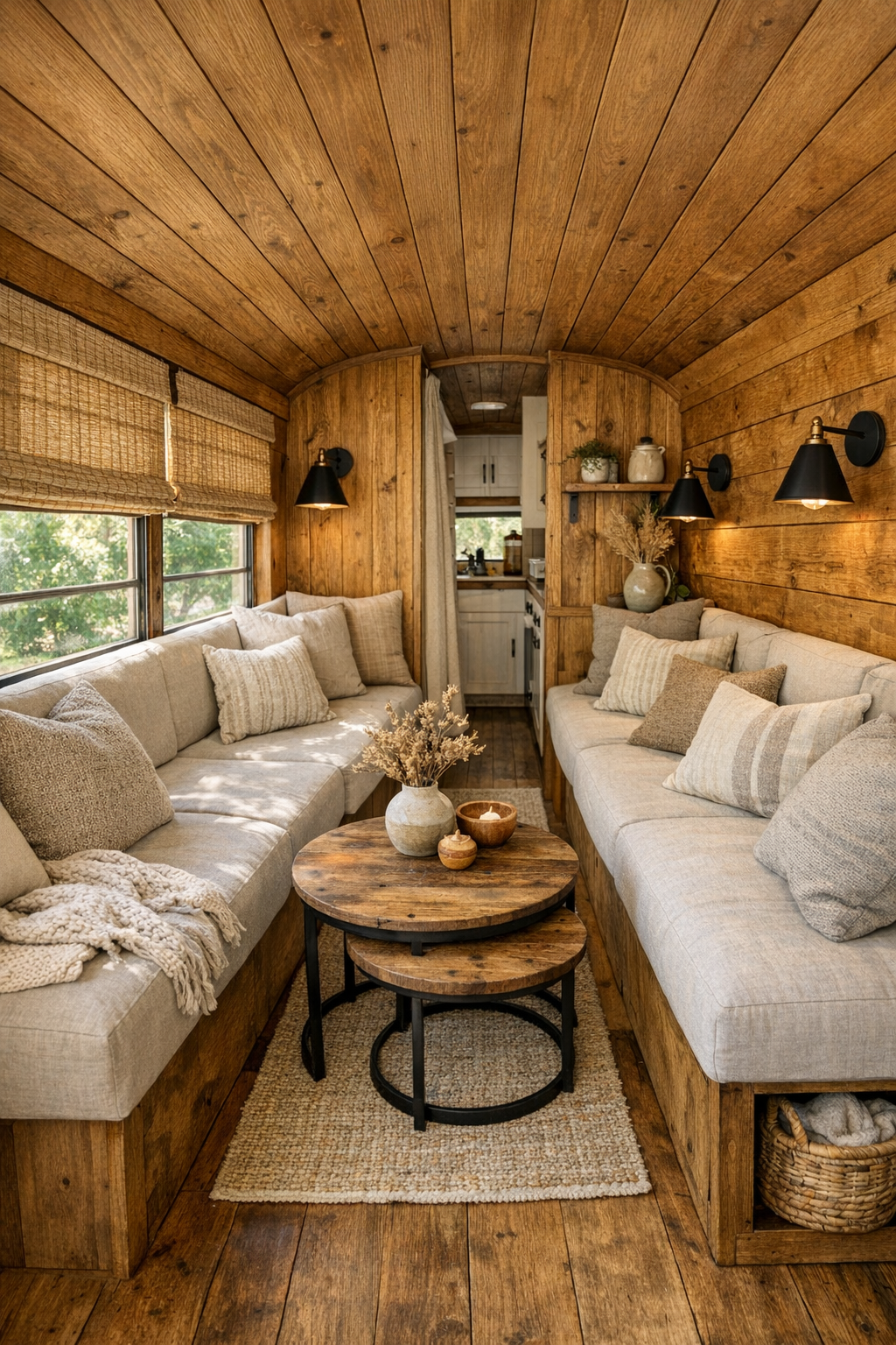 Rustic converted bus living room with built-in bench seating and warm wood finishes