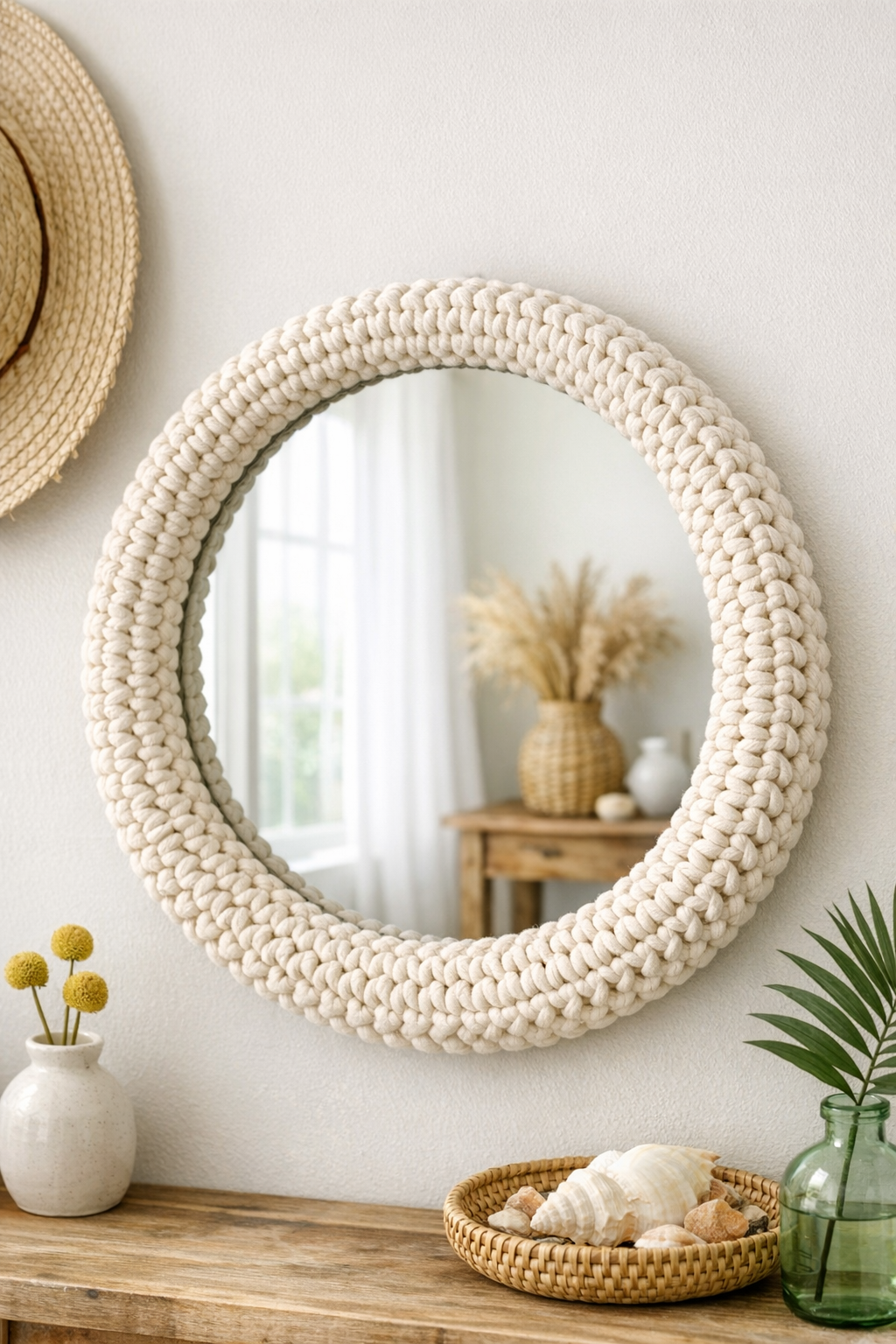 Finished crocheted summer wall mirror frame made from a bent metal hula hoop